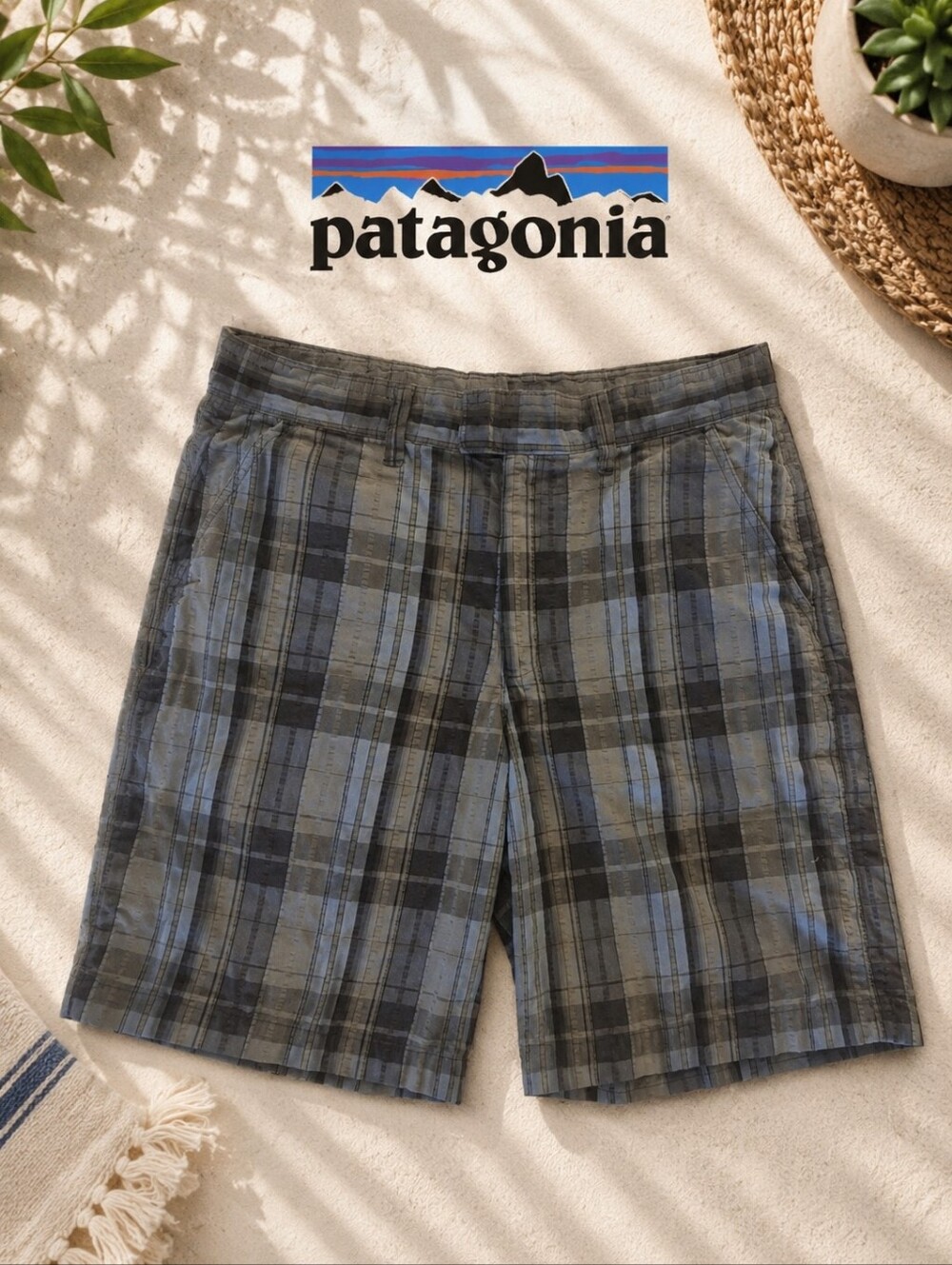 Patagonia Organic Cotton Plaid Shorts Men’s 34 Blue Gray Flat Front Casual